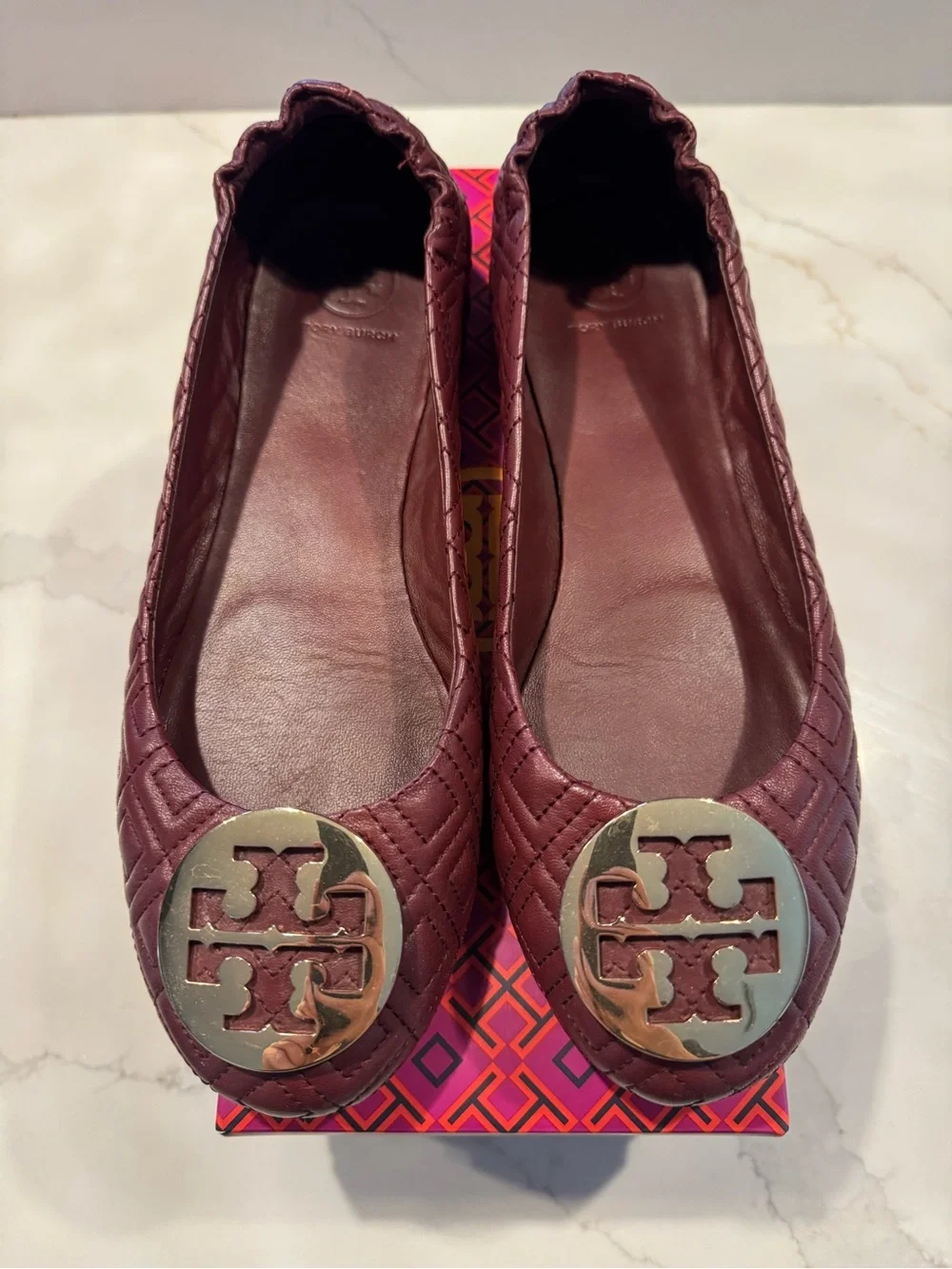 Tory Burch Quilted Burgundy Leather Ballet Flats with Logo Medallion